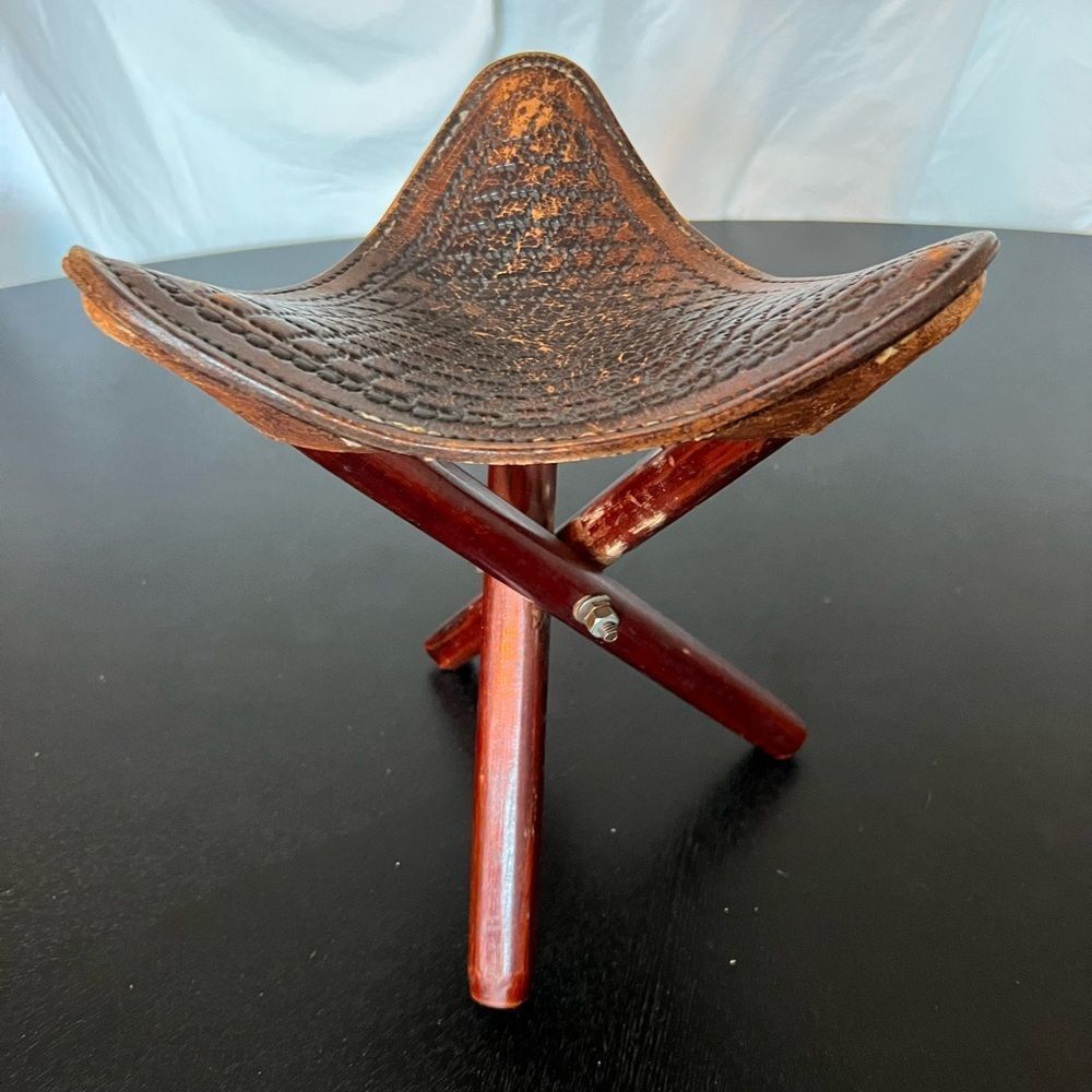 Vintage Portuguese Mini Foldable Stool with Tri-Pod Base and Leather Seat
